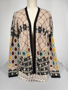 BUCKLE Gimmicks BKE Wool Blend Flyaway Cardigan Sweater Lace Trim MEDIUM Boho